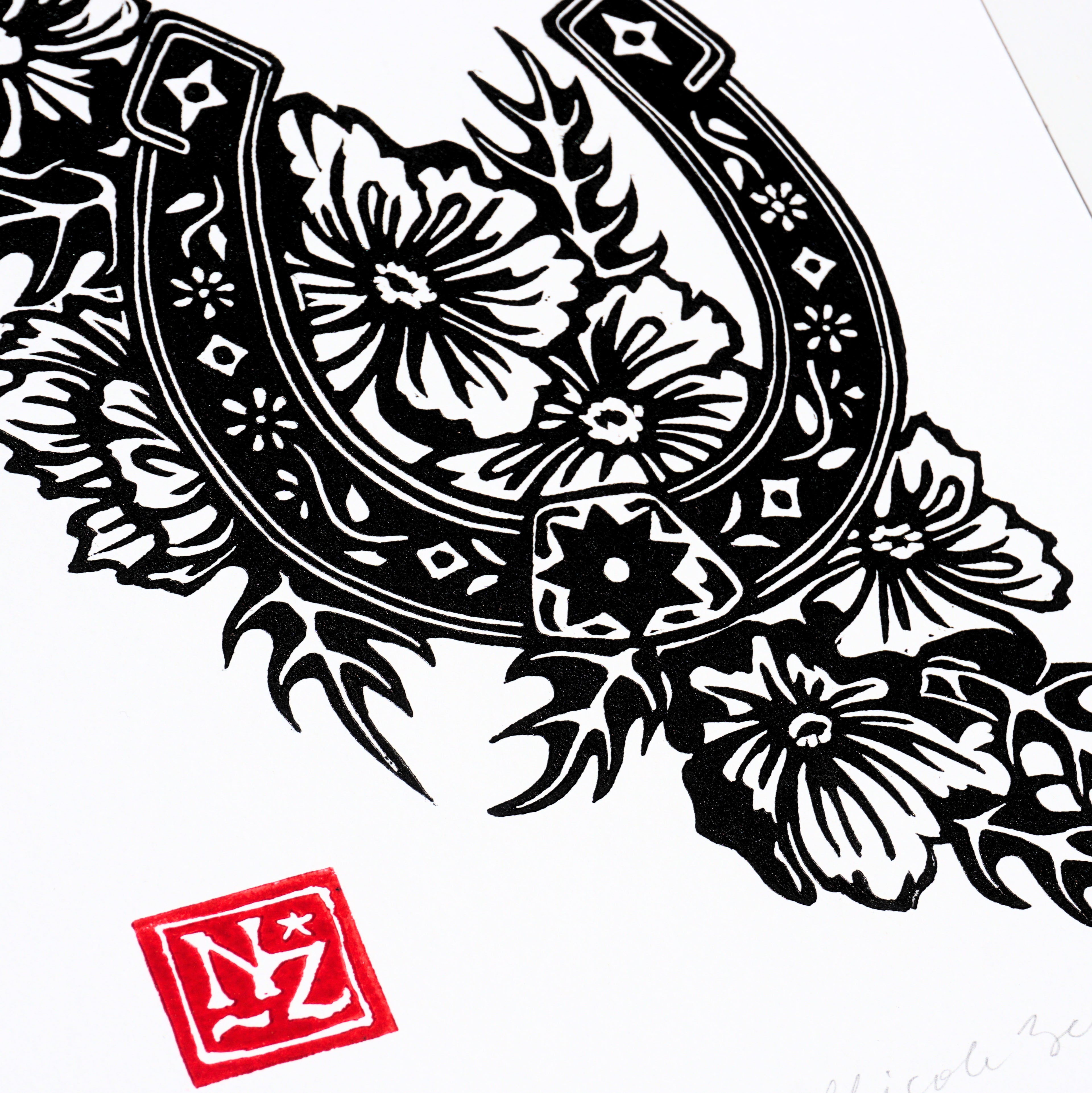 Horseshoe and Prickly Poppies Hand-Pulled Relief Print