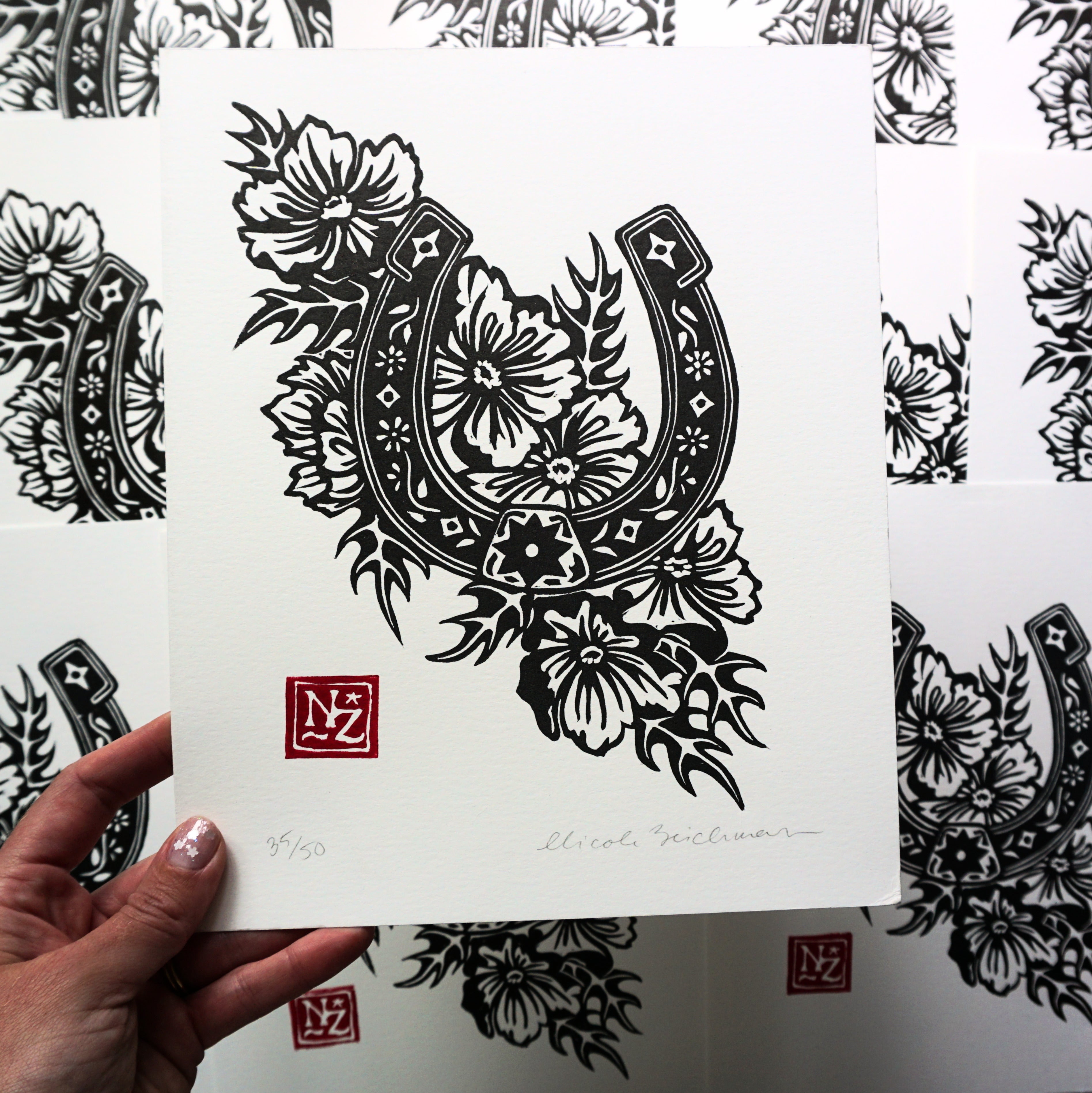 Horseshoe and Prickly Poppies Hand-Pulled Relief Print