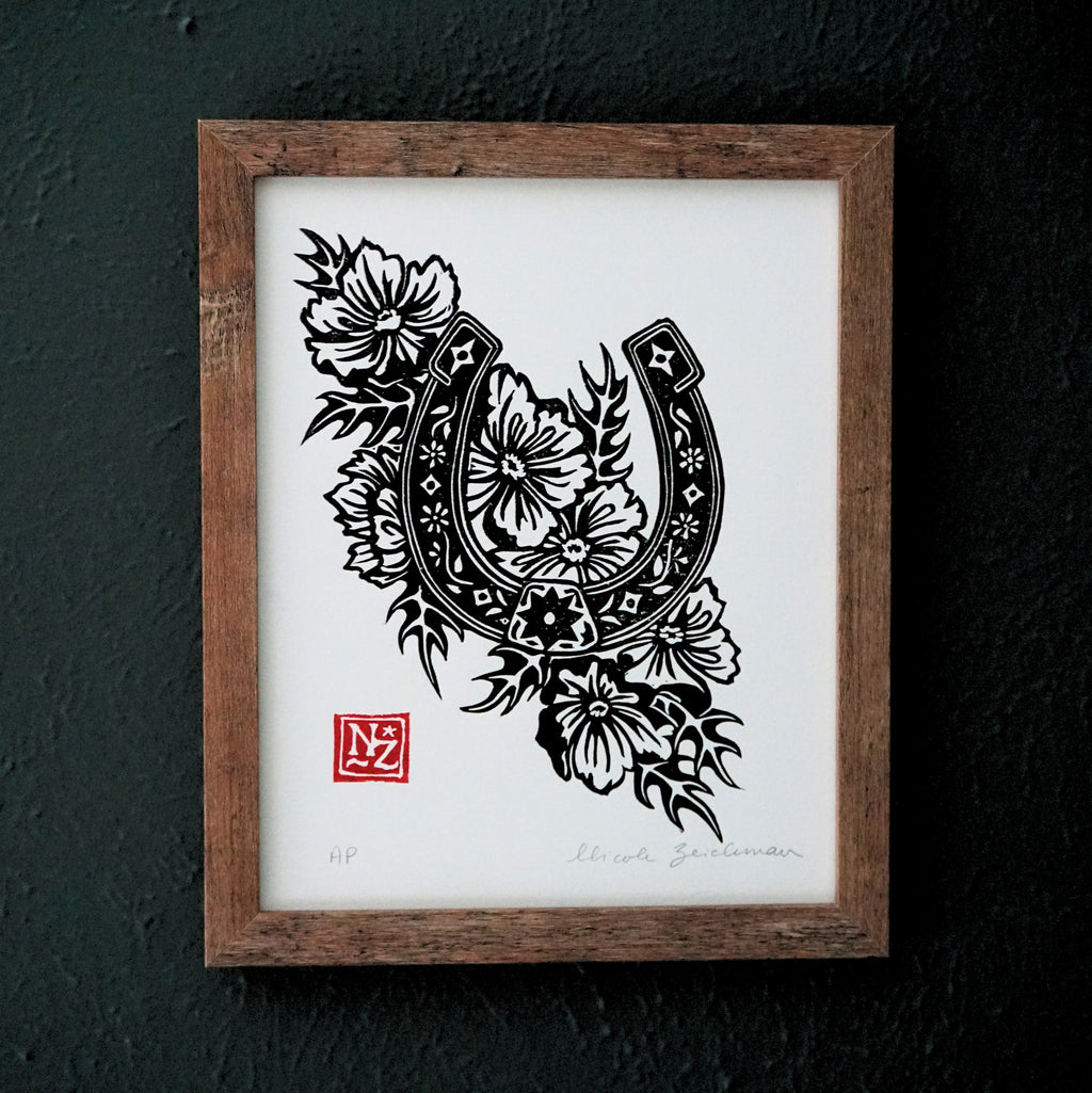 Horseshoe and Prickly Poppies Hand-Pulled Relief Print