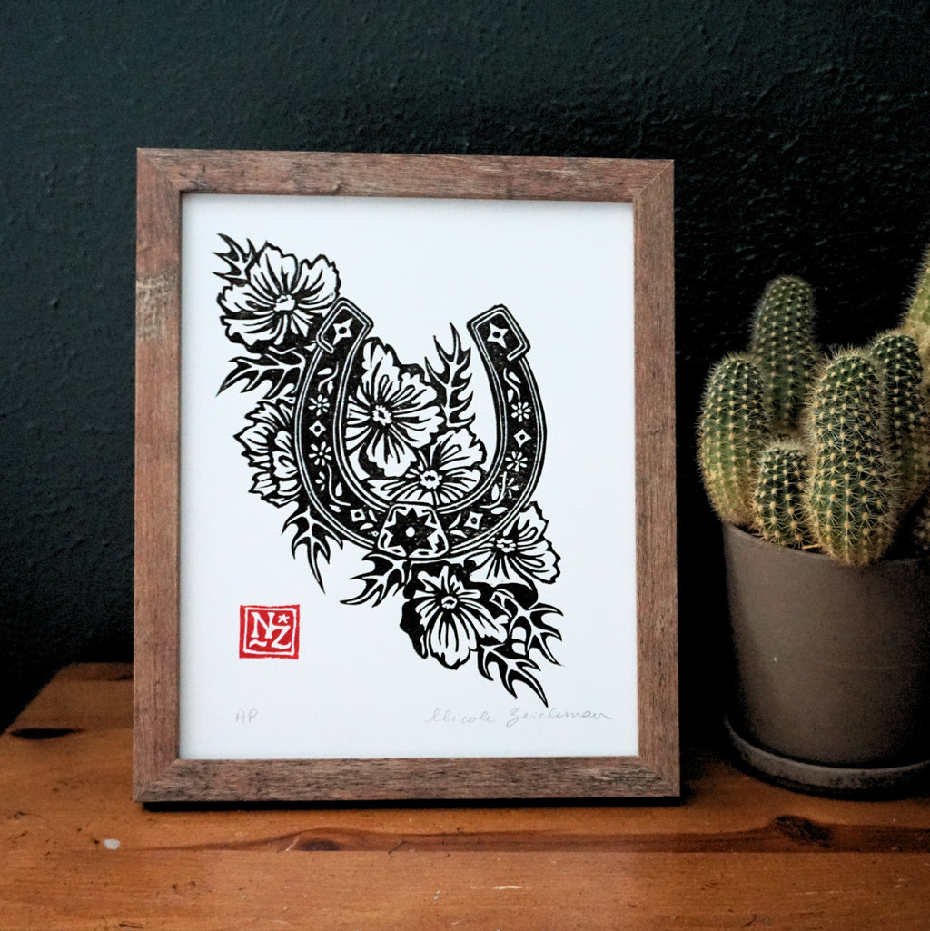 Horseshoe and Prickly Poppies Hand-Pulled Relief Print