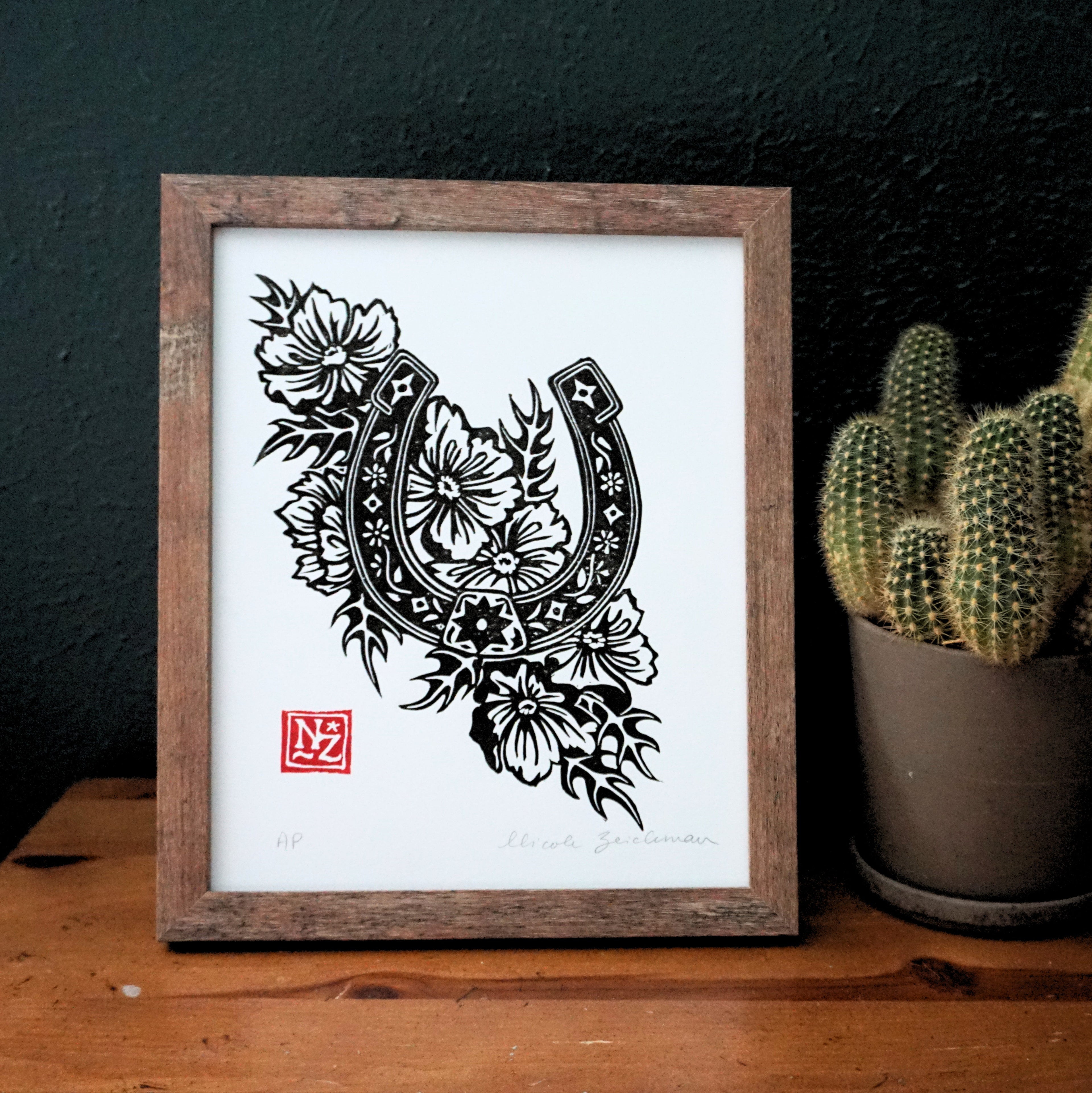 Horseshoe and Prickly Poppies Hand-Pulled Relief Print