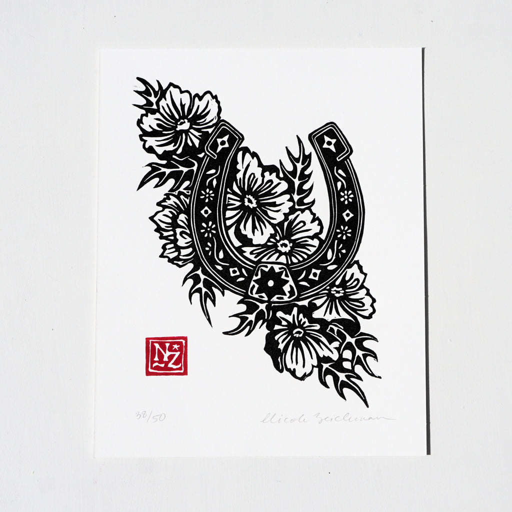Horseshoe and Prickly Poppies Hand-Pulled Relief Print