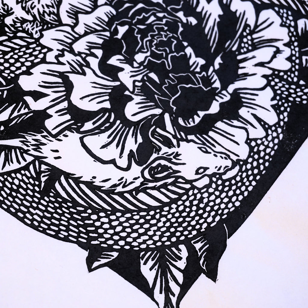 Snake in the Flowers Hand-Pulled Relief Print