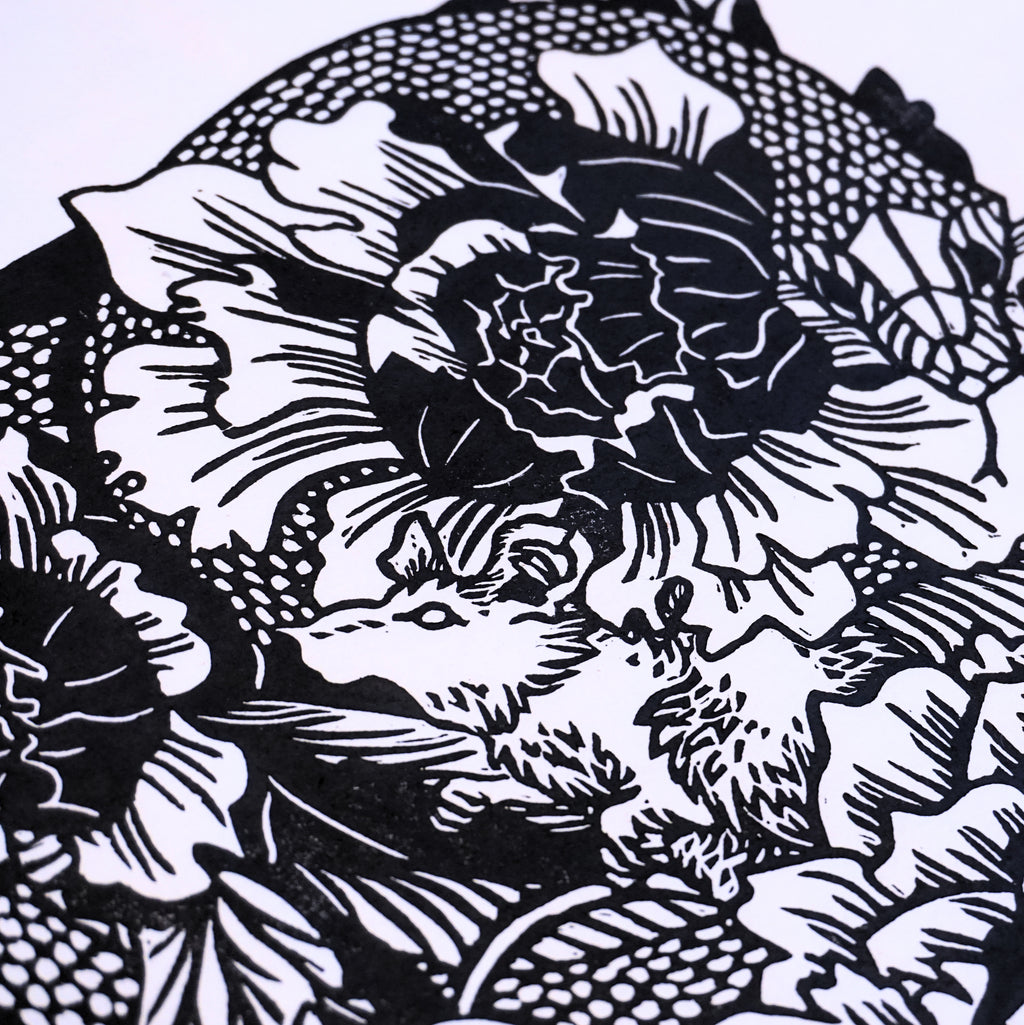 Snake in the Flowers Hand-Pulled Relief Print