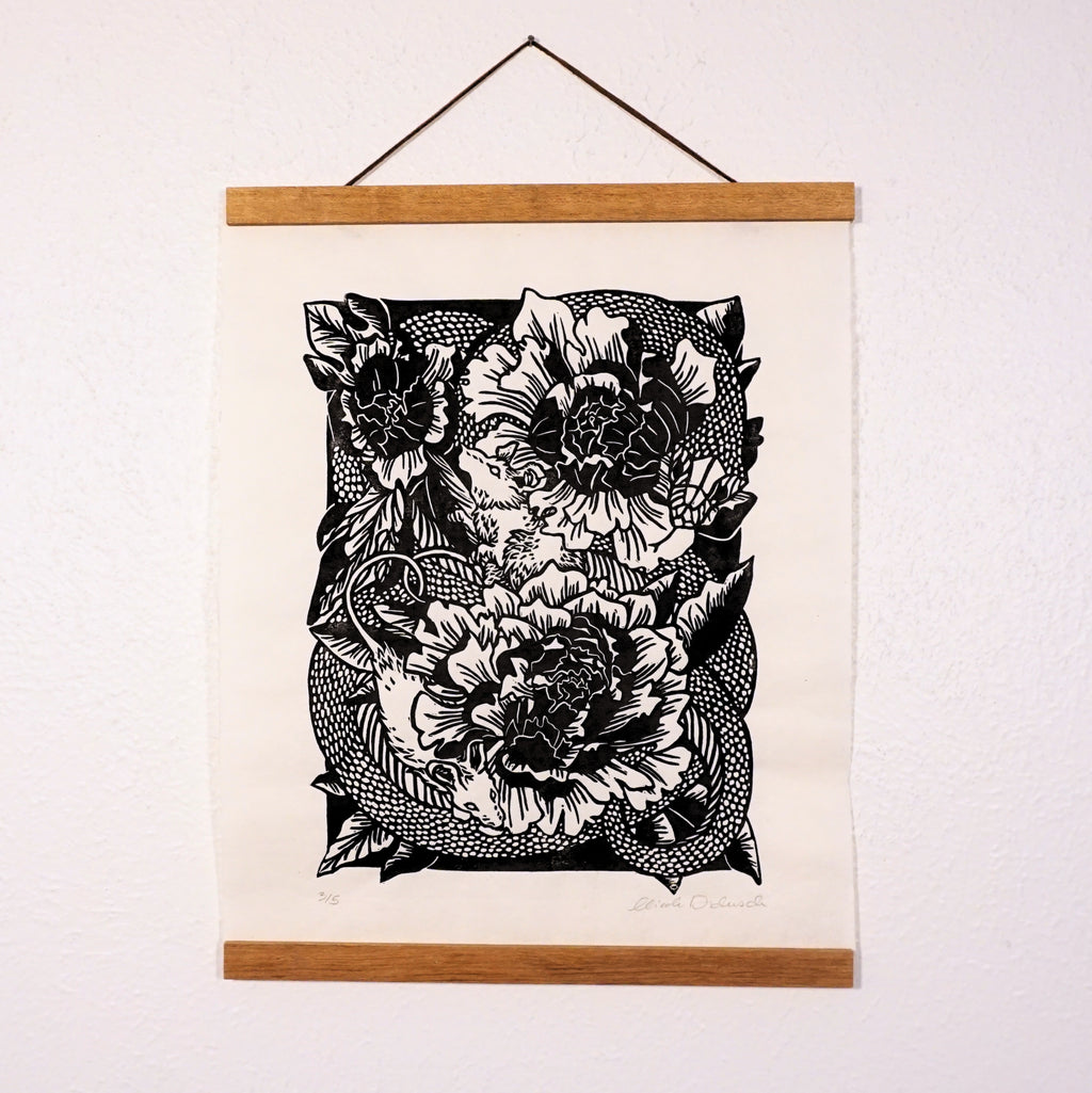 Snake in the Flowers Hand-Pulled Relief Print
