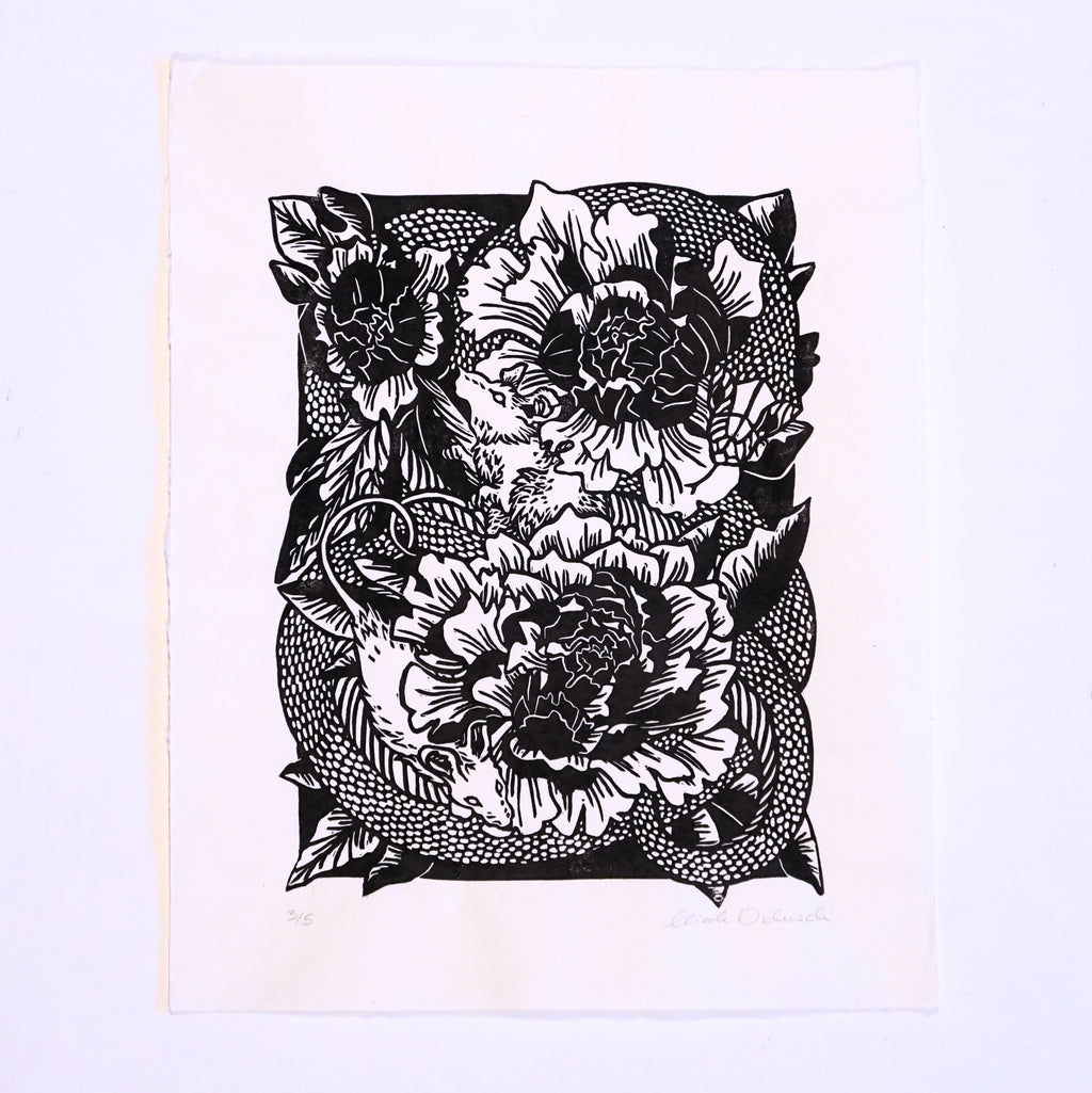 Snake in the Flowers Hand-Pulled Relief Print