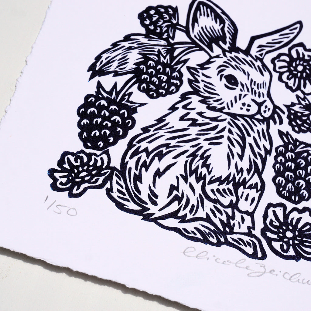 Raspberry Rabbit Hand-Pulled Relief Print
