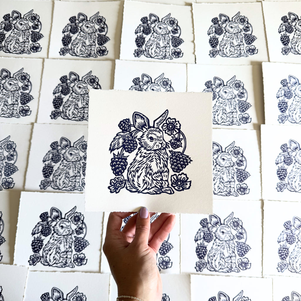 Raspberry Rabbit Hand-Pulled Relief Print