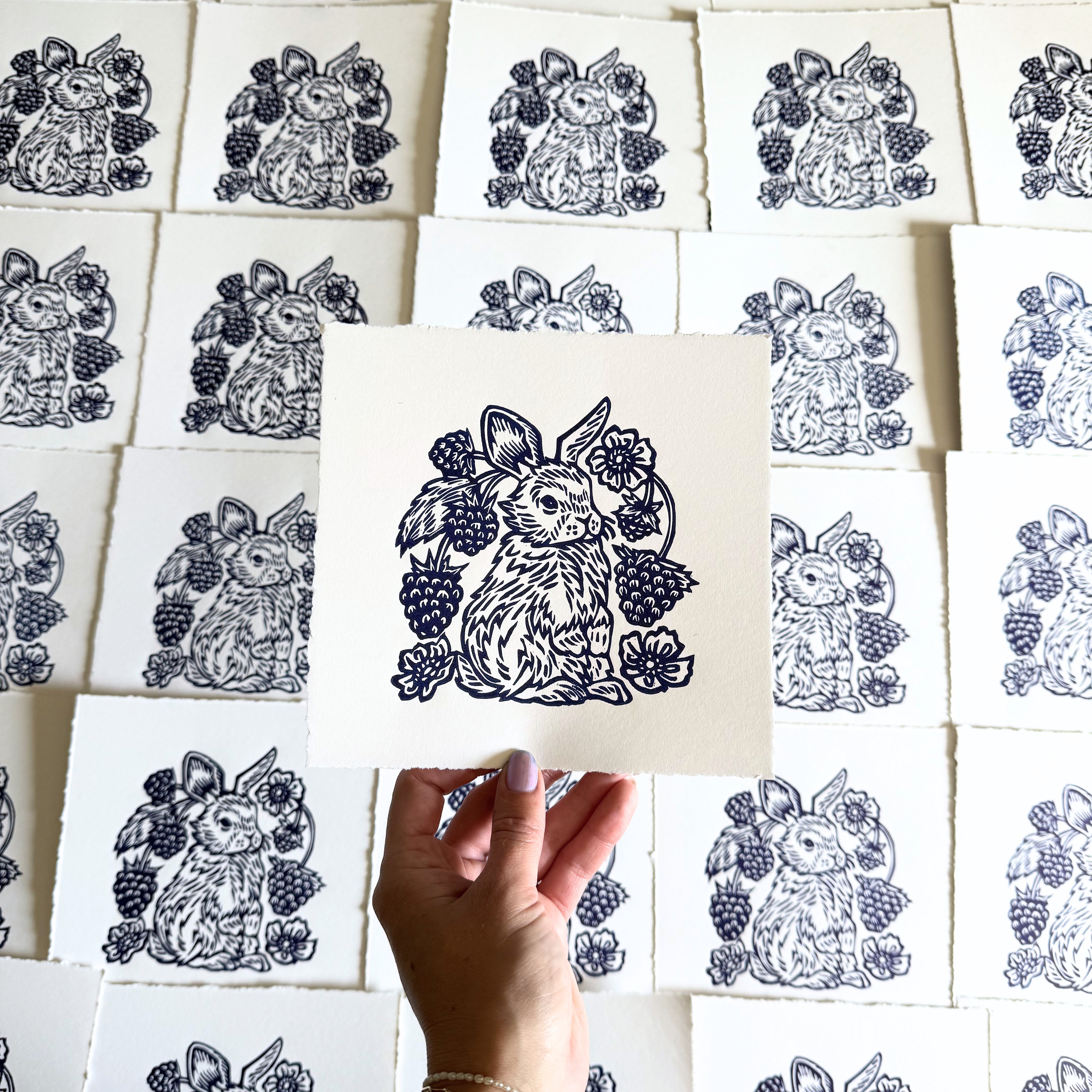 Raspberry Rabbit Hand-Pulled Relief Print