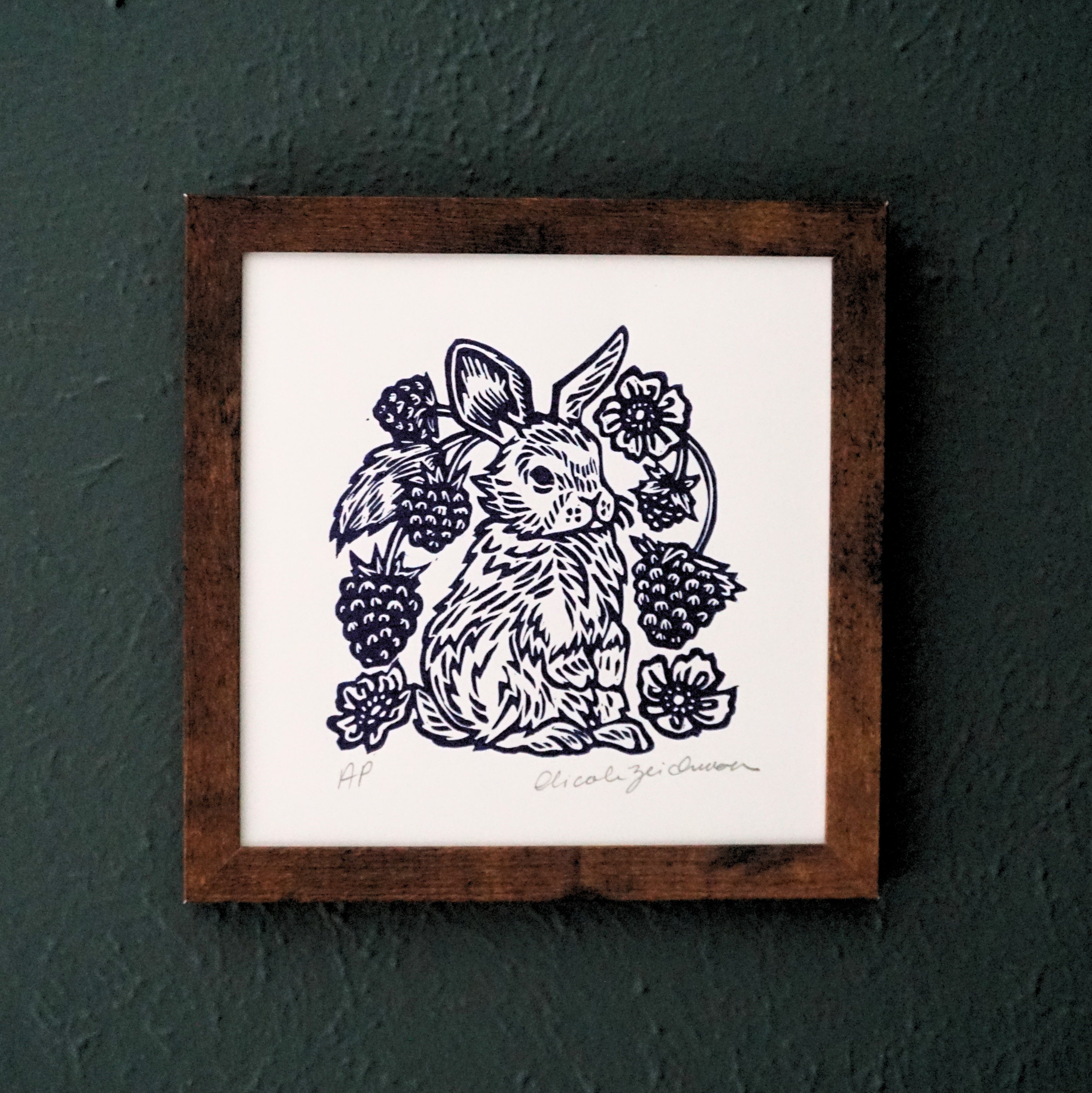 Raspberry Rabbit Hand-Pulled Relief Print