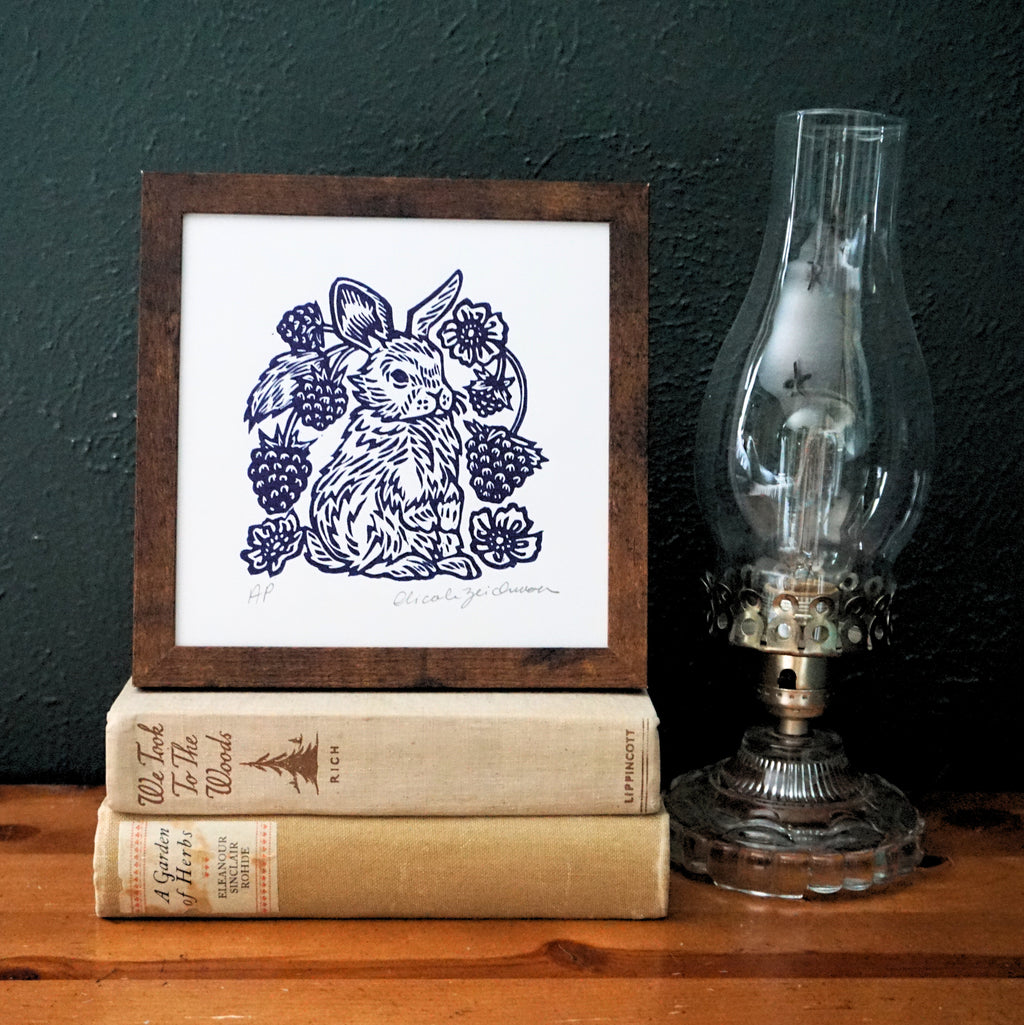 Raspberry Rabbit Hand-Pulled Relief Print