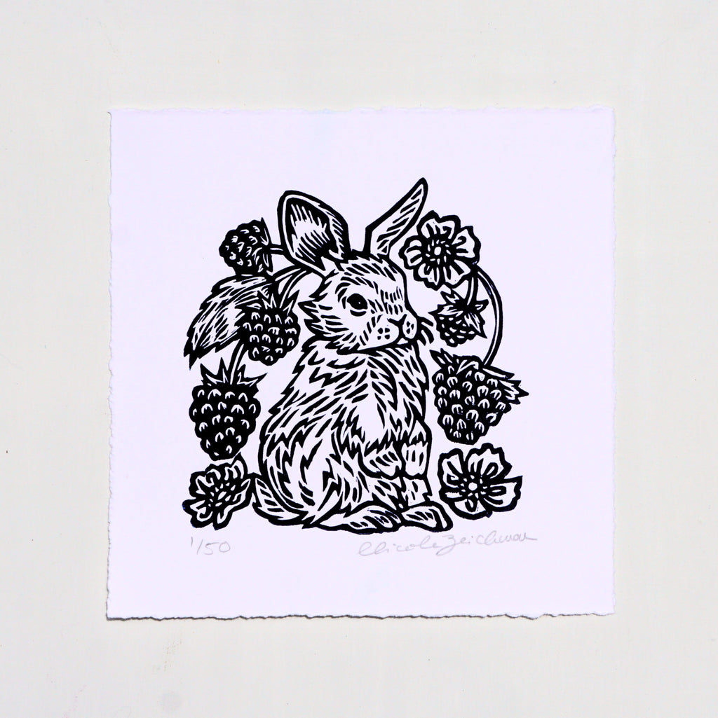 Raspberry Rabbit Hand-Pulled Relief Print