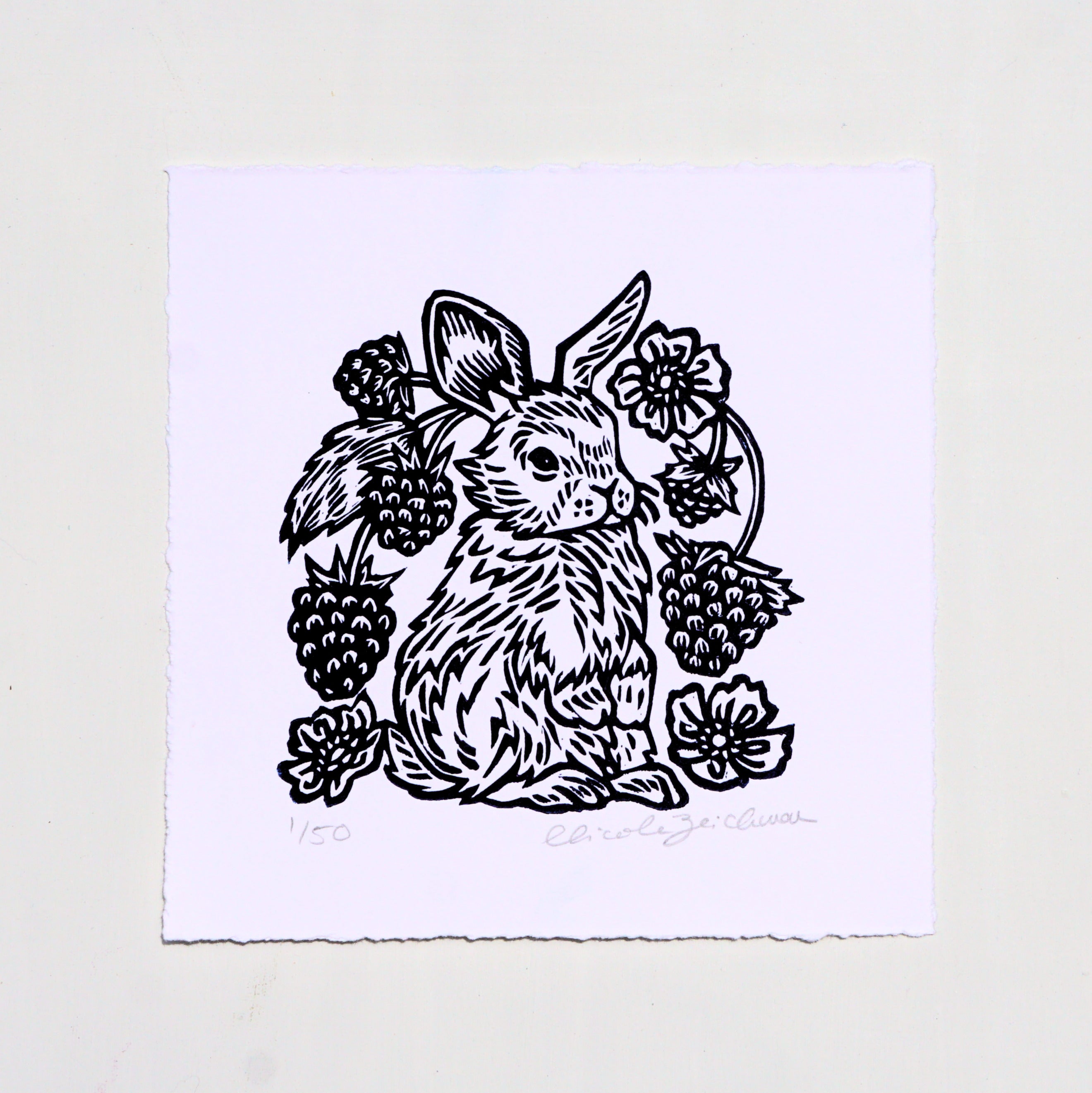 Raspberry Rabbit Hand-Pulled Relief Print