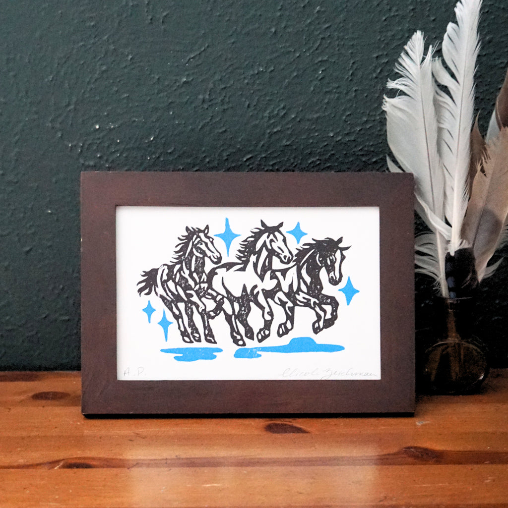 Three Horses Hand-Pulled Relief Print