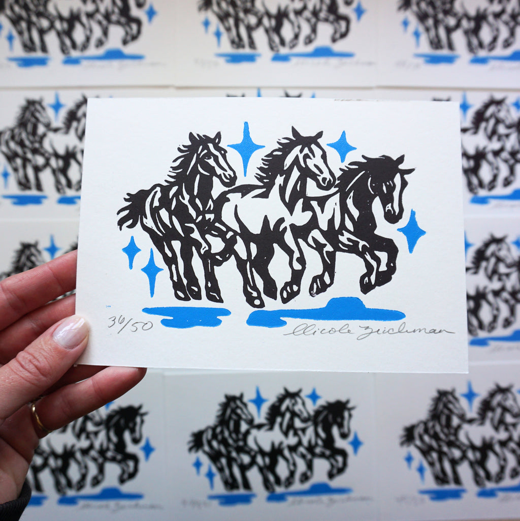 Three Horses Hand-Pulled Relief Print
