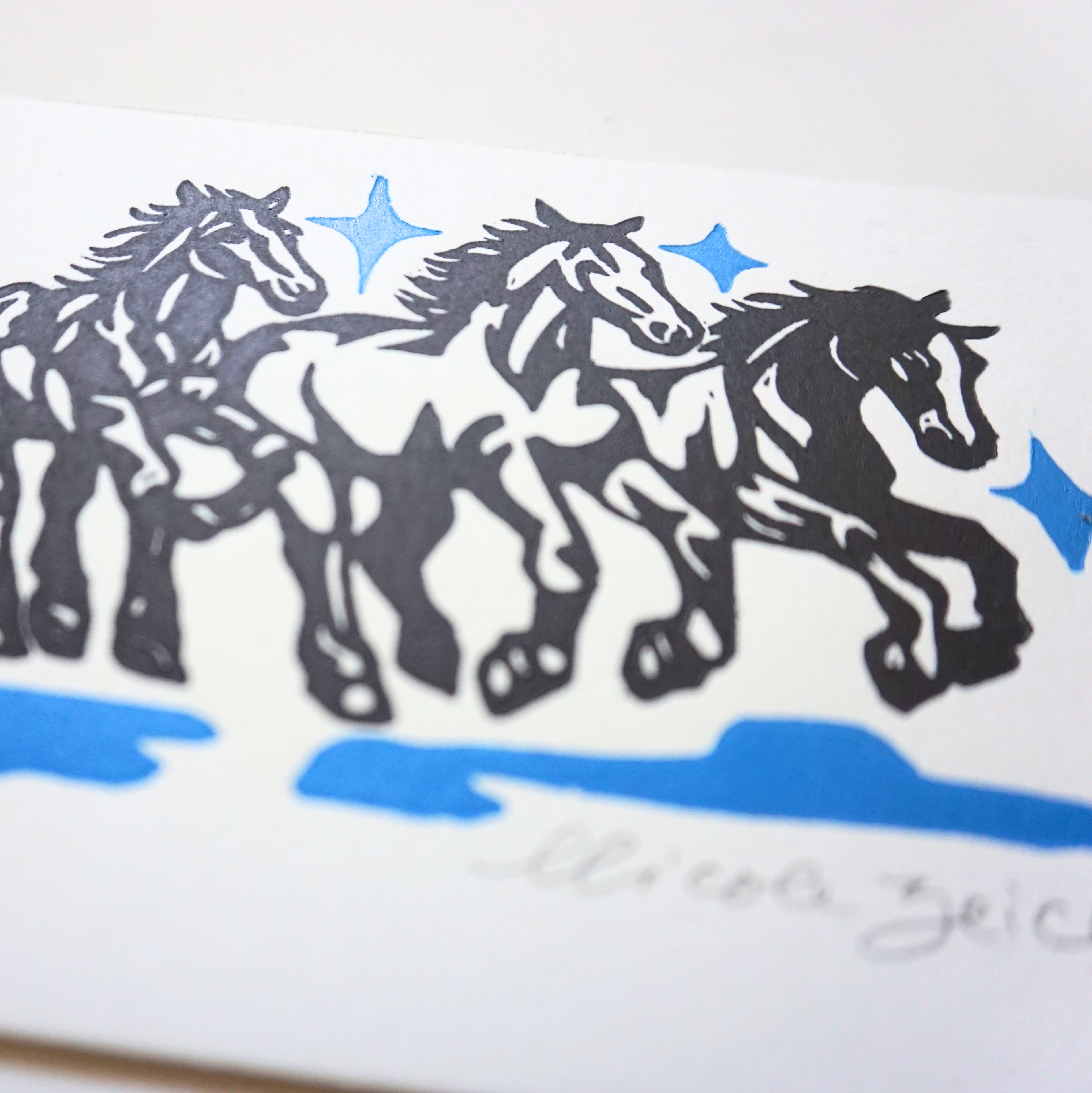 Three Horses Hand-Pulled Relief Print
