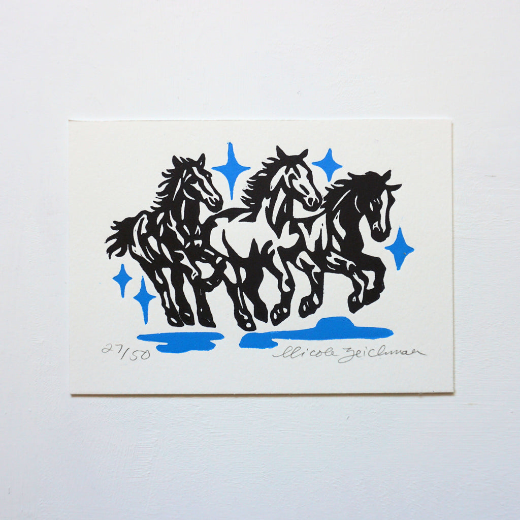 Three Horses Hand-Pulled Relief Print