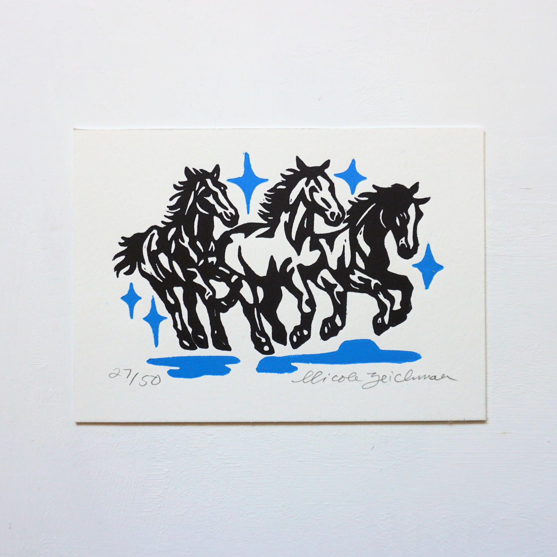 Three Horses Hand-Pulled Relief Print